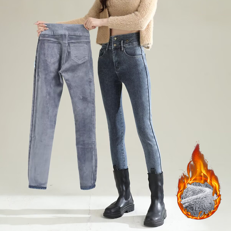Women'S Fashion Trousers - Зимние женские шикарные плюшевые термопрямые джинсы