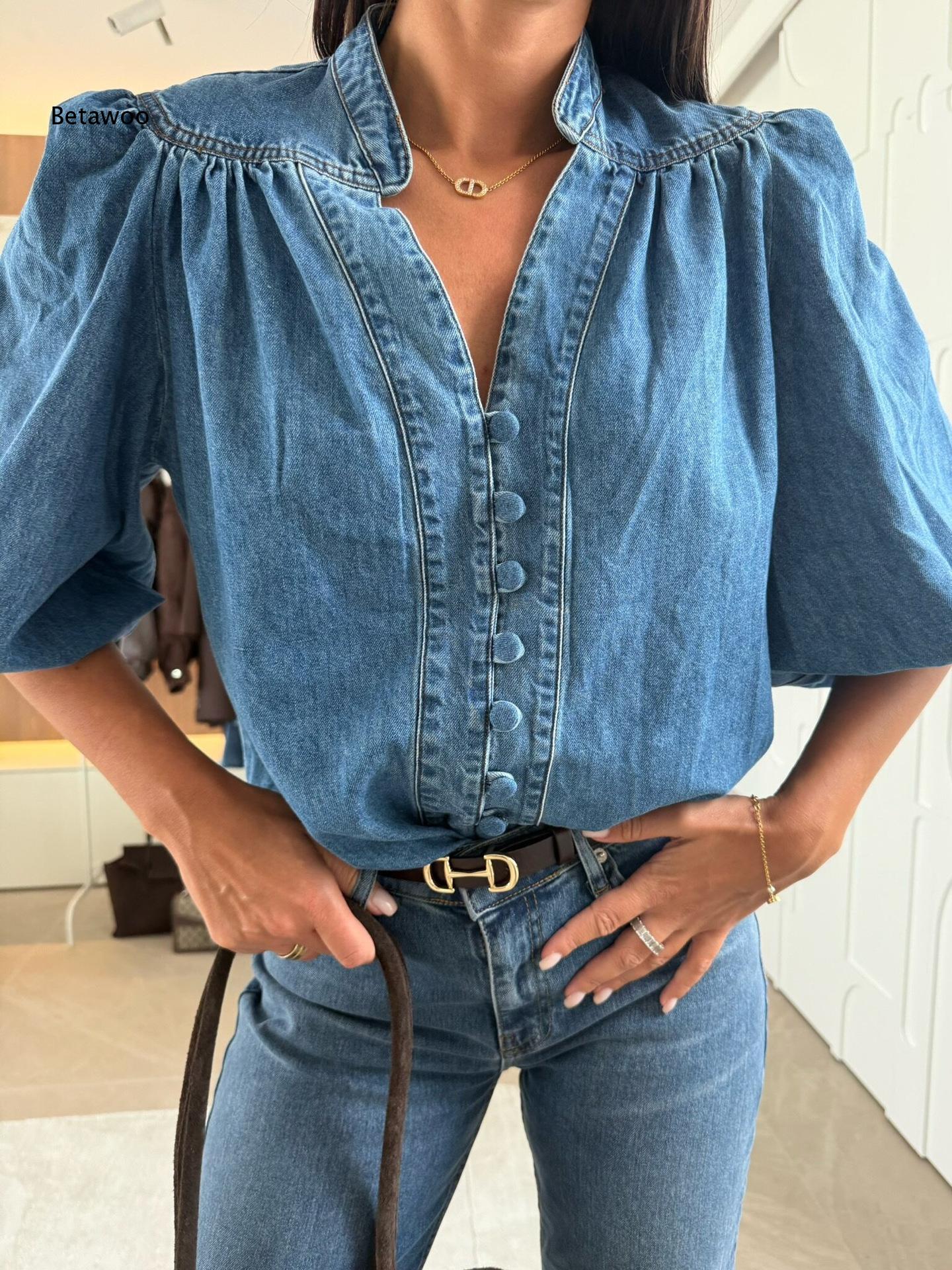 Женская джинсовая блузка с вор – обзор и цена Puff Sleeve Blouse